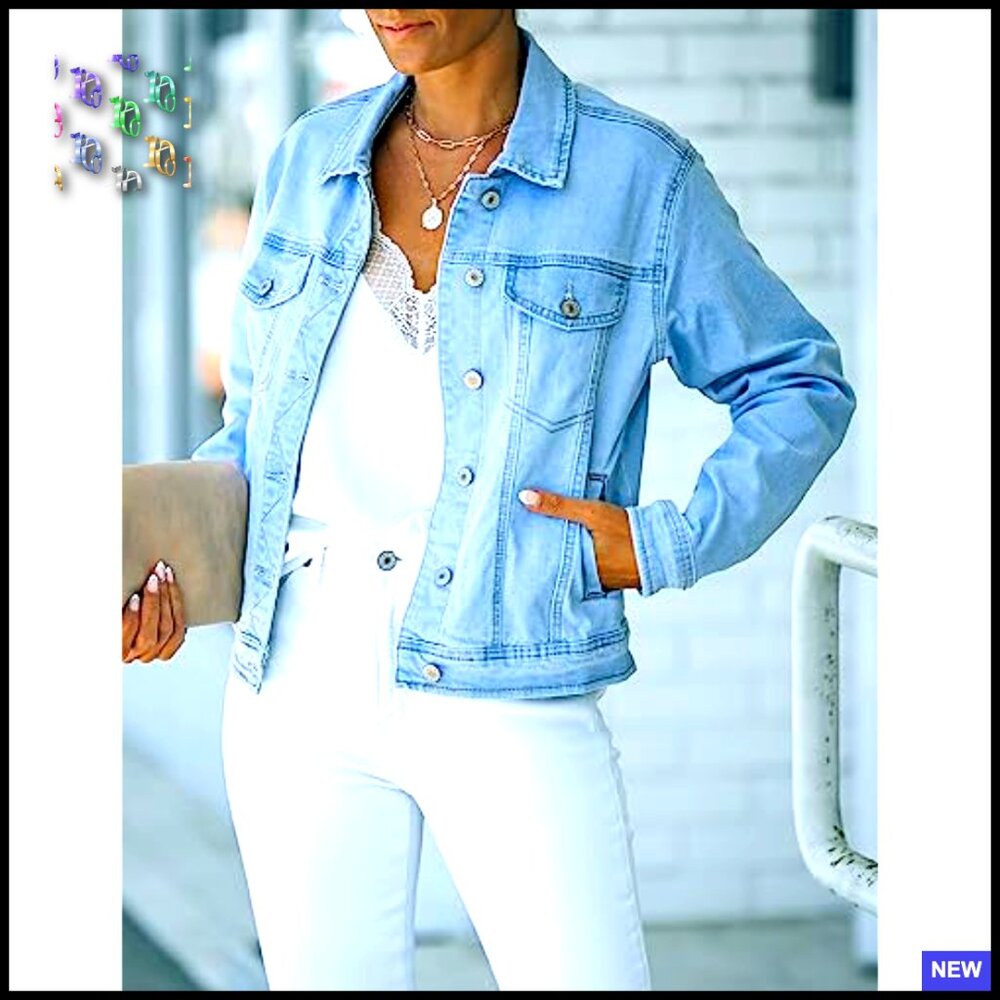 Stretch Fitted Denim Jacket Button Down Long Sleeves Classic Chic Casual - Picture 4 of 7